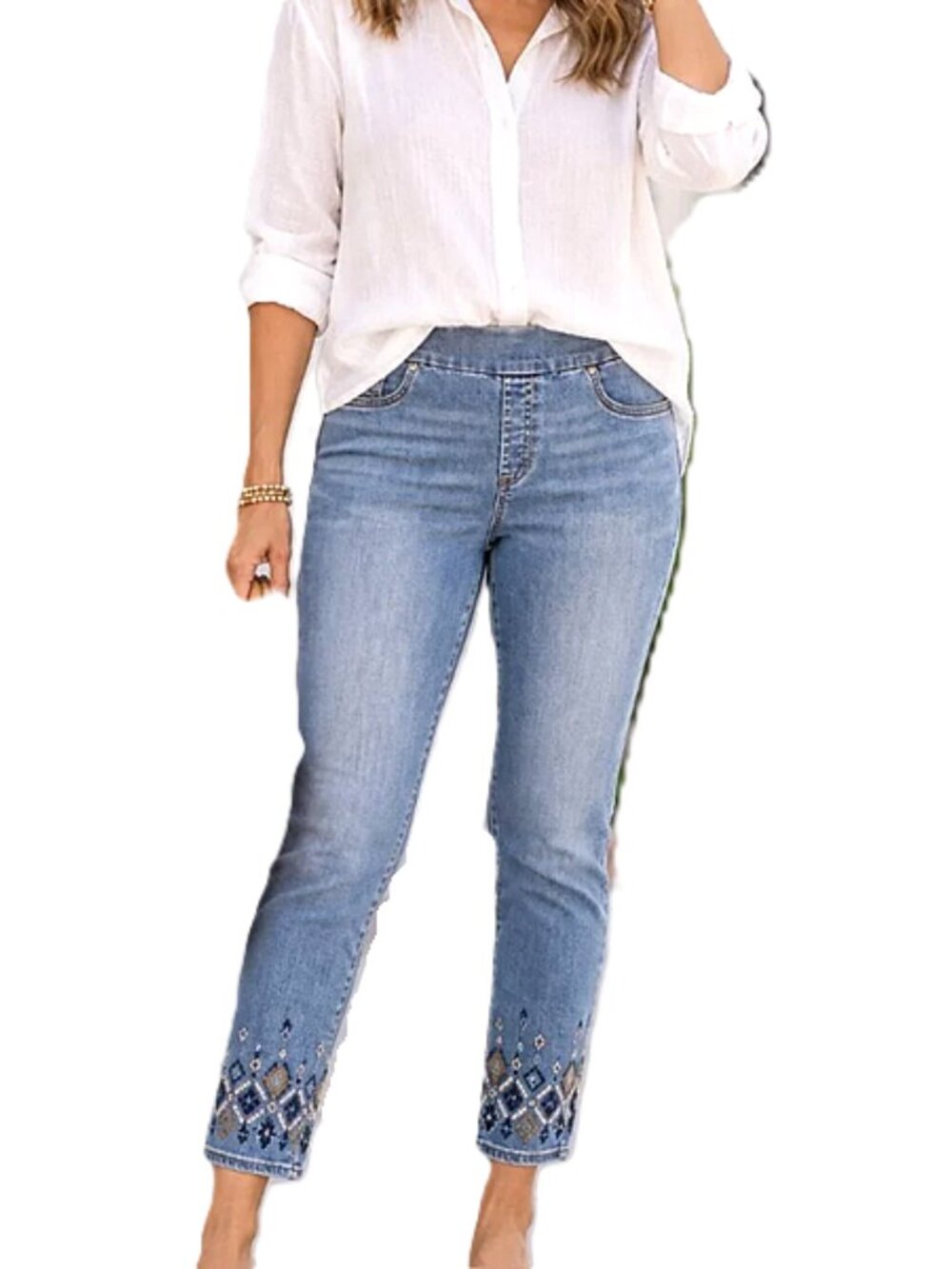 Chico's Denim Pull On beaded Hem Jeggings Jeans size 1.5